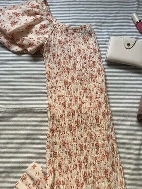 Floral Smocked long dress - Cream with Orange Floral